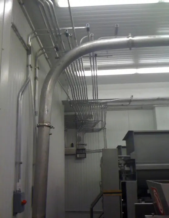 Large conduit sweep and parallel conduit runs along a plant ceiling