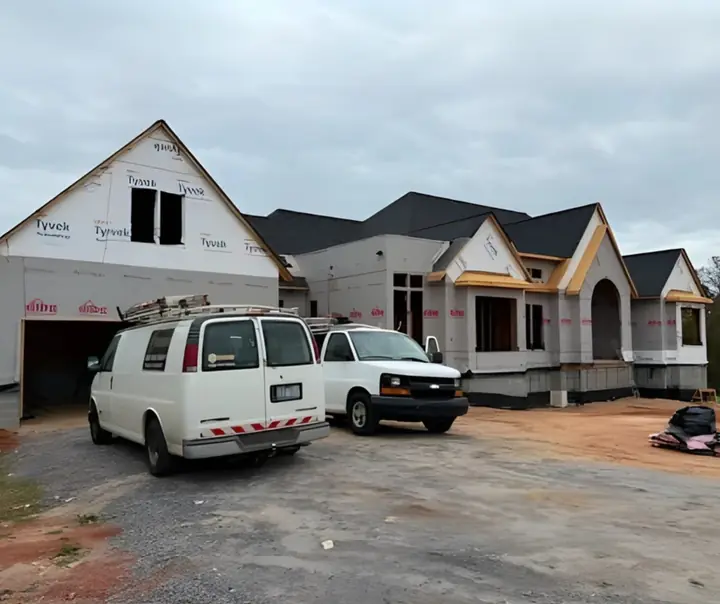 AP Electric vans parked at a large new home under construction